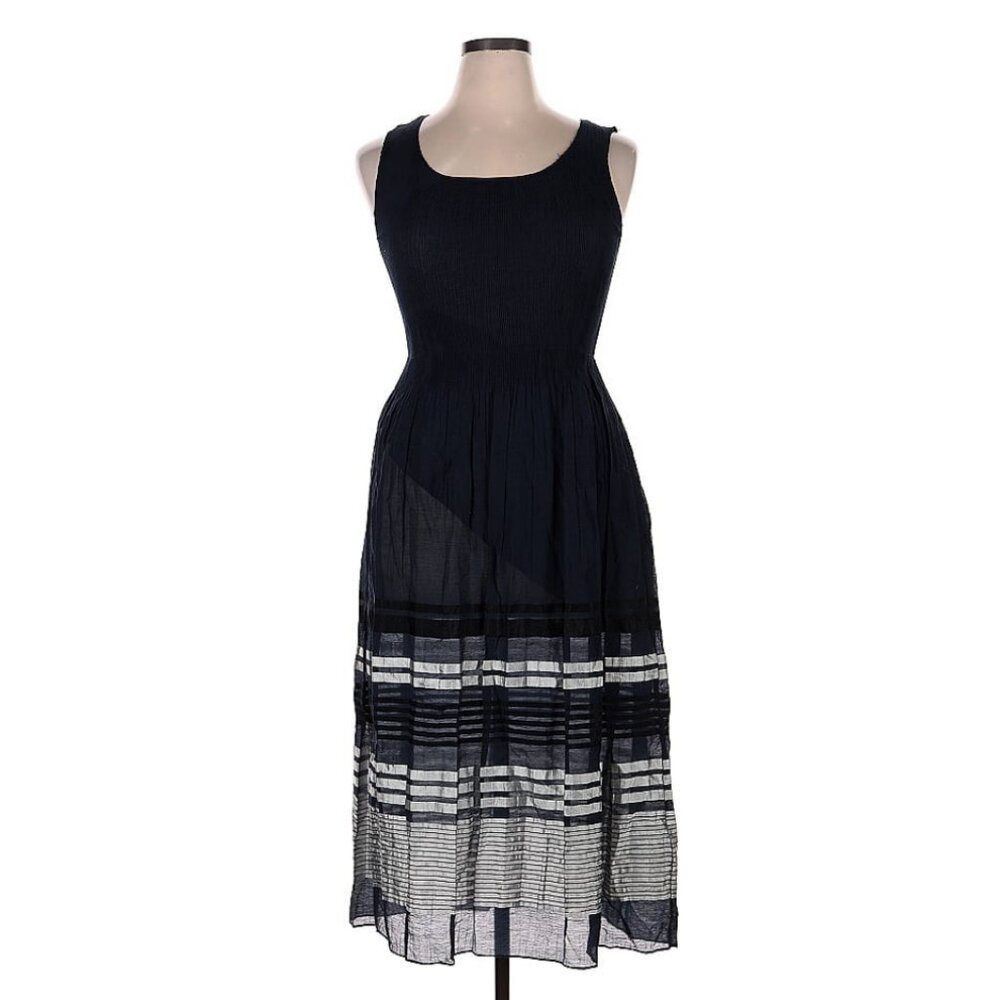 Beautiful Smocked Jacquard Fit & Flare Dress in Navy blue